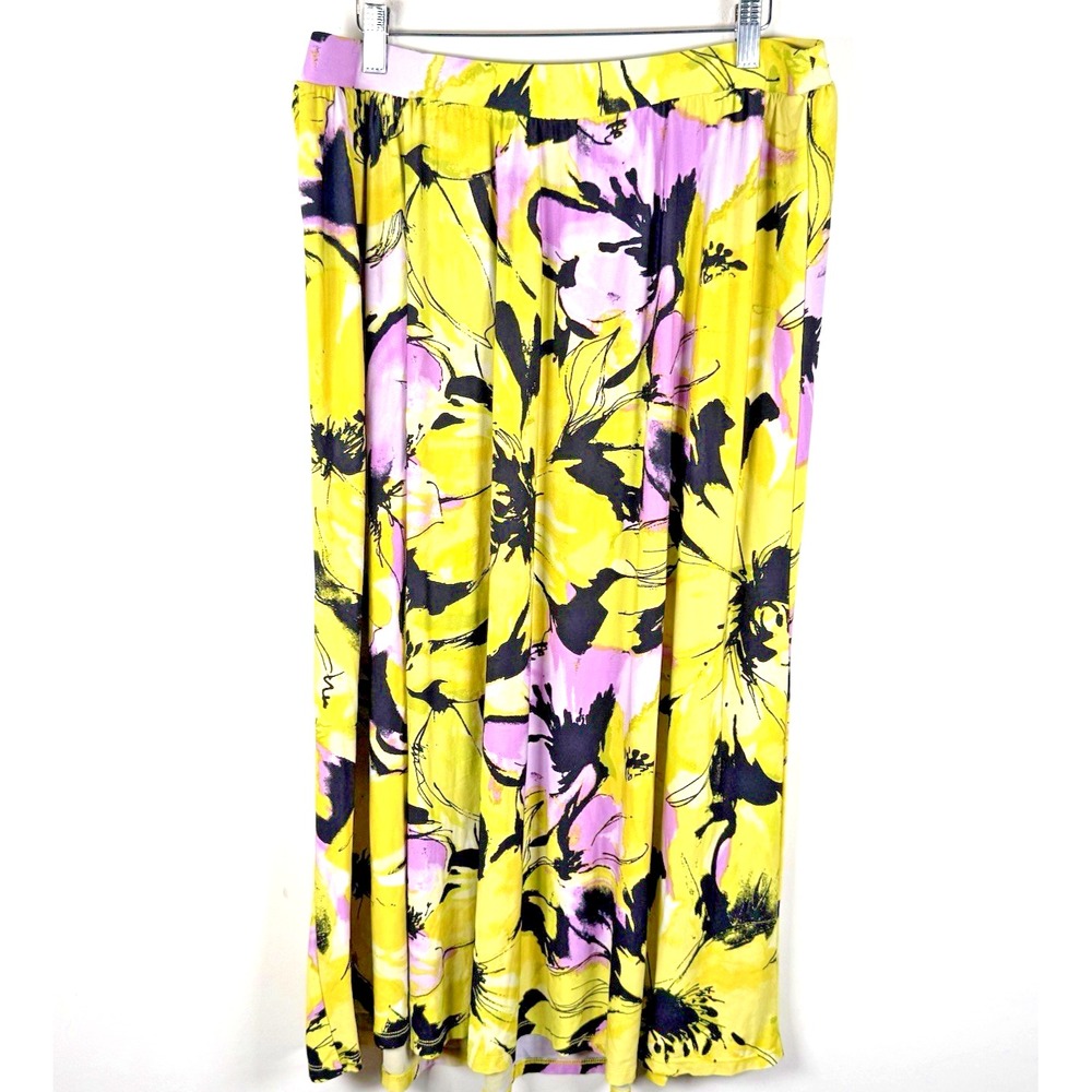 Cato Midi Skirt Full Flowy Yellow Tropical‎ Floral Pull On Womens Plus Sz 14/16W